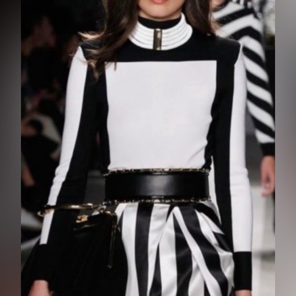 Balmain x H&M Black & White Colorblock Mock Neck Exposed Zipper Top Size 8 - Picture 2 of 11